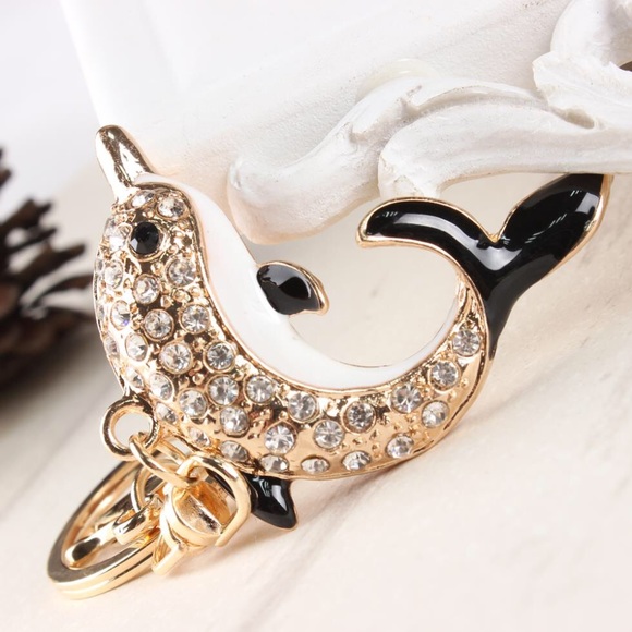 Black White & Gold Crystal Dolphin Charm Keychain - Picture 4 of 16